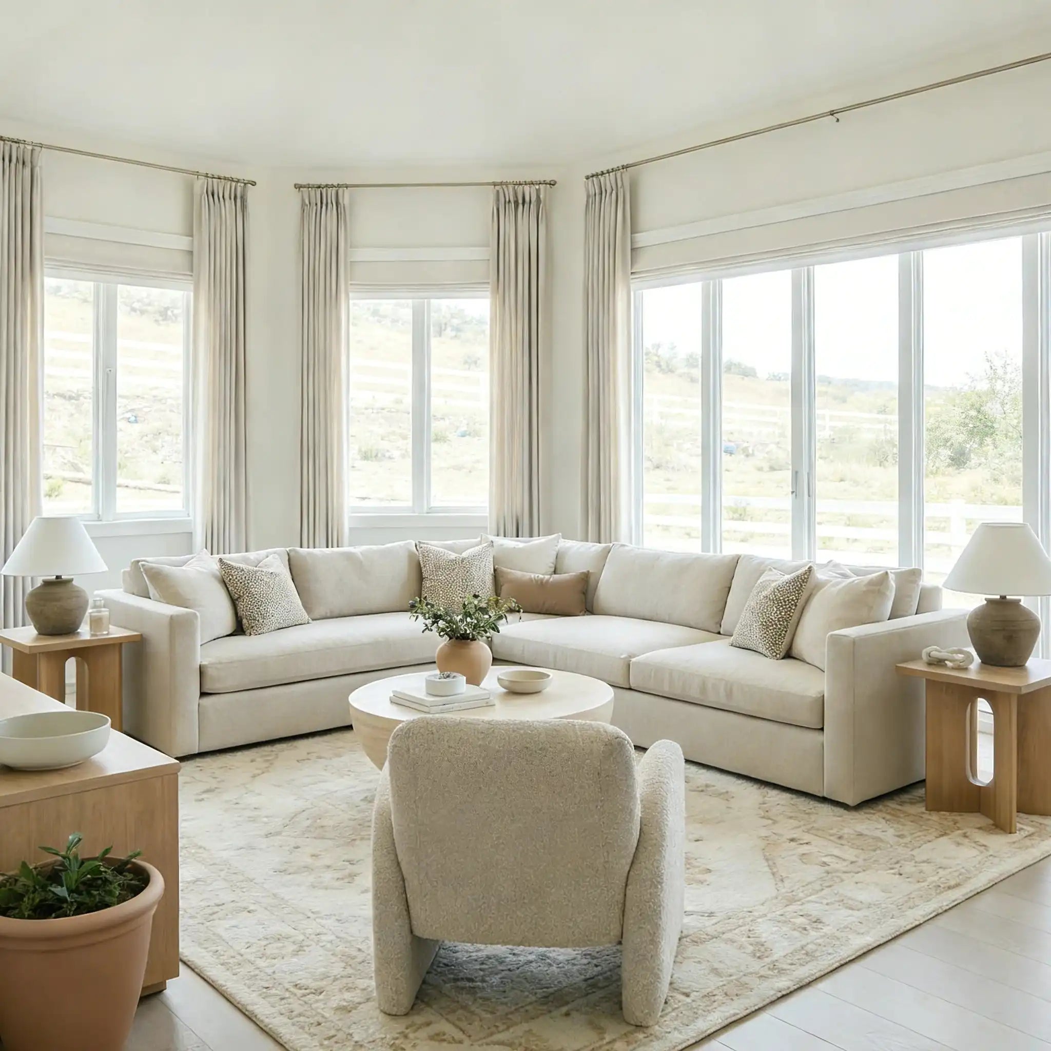 Ivory John Linen Texture Cotton Curtains styling multiple windows in a luxury curved panoramic living room