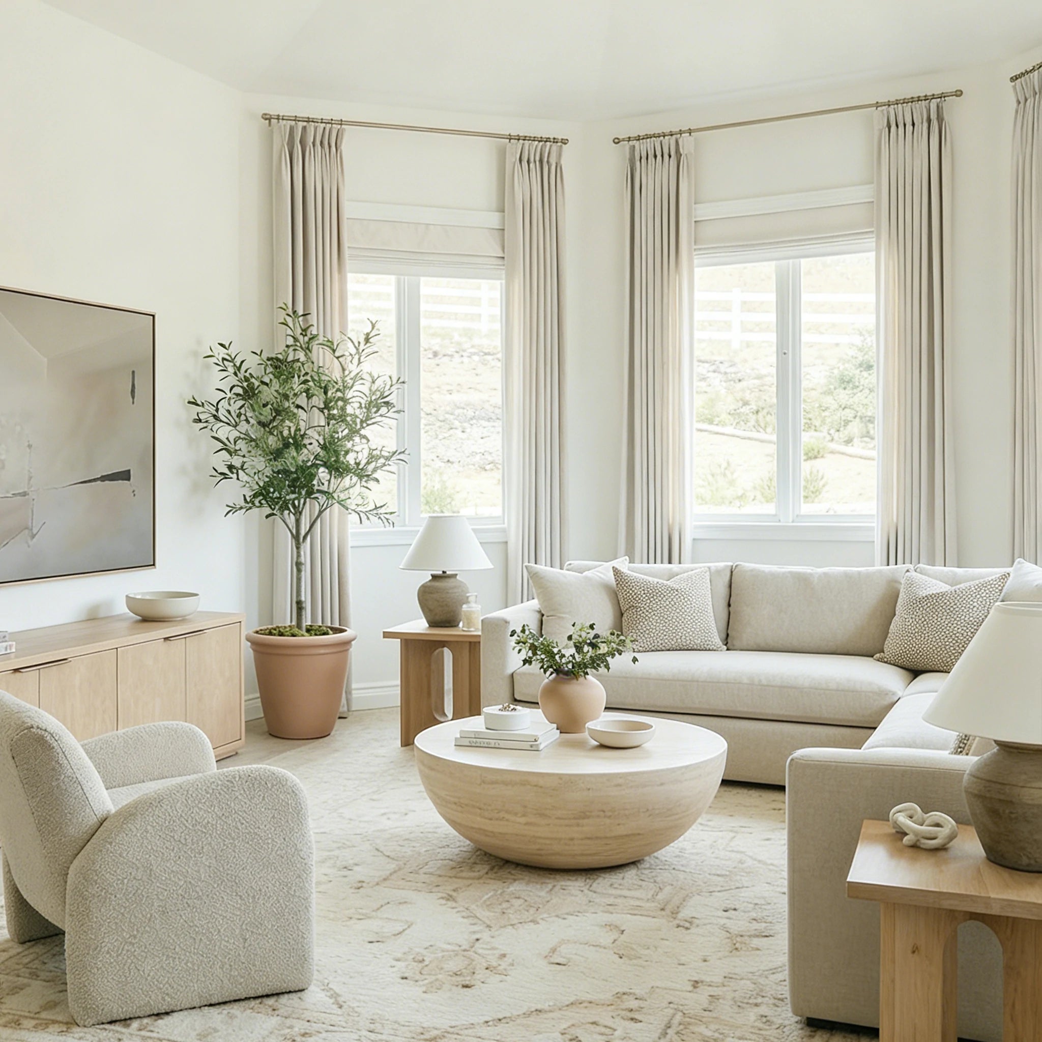 Ivory John Linen Texture Cotton Curtains styling bright panoramic windows beside a large potted olive tree
