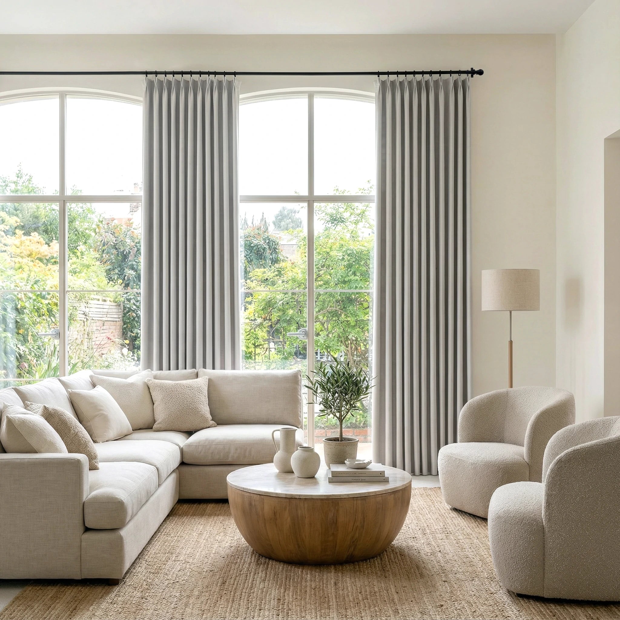 Light Gray John Linen Texture Cotton Curtains dressing large arched windows in a sunlit neutral living room