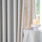 Close up material texture of Light Gray John Linen Texture Cotton Curtains catching bright natural light