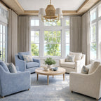 Tailored window layout featuring neat pleats of Pearl Gray John Linen Texture Cotton Curtains behind cozy armchairs