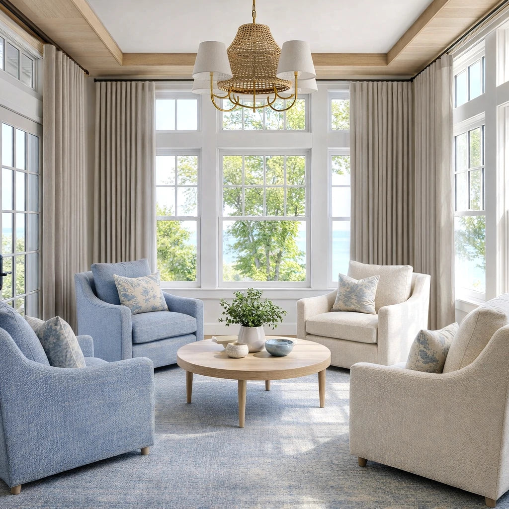 Tailored window layout featuring neat pleats of Pearl Gray John Linen Texture Cotton Curtains behind cozy armchairs