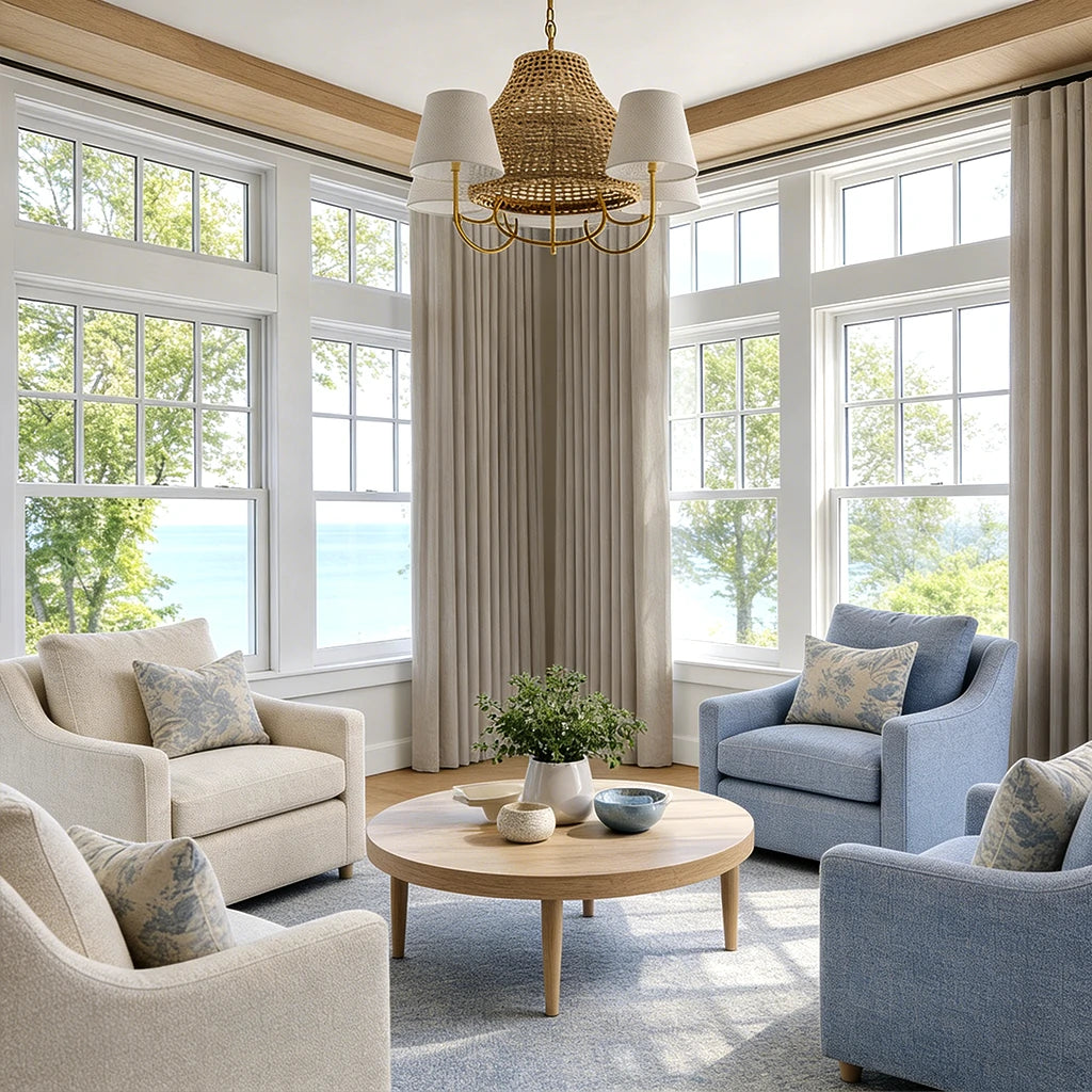 Bright panoramic lounge room dressed with Pearl Gray John Linen Texture Cotton Curtains and elegant neutral seating