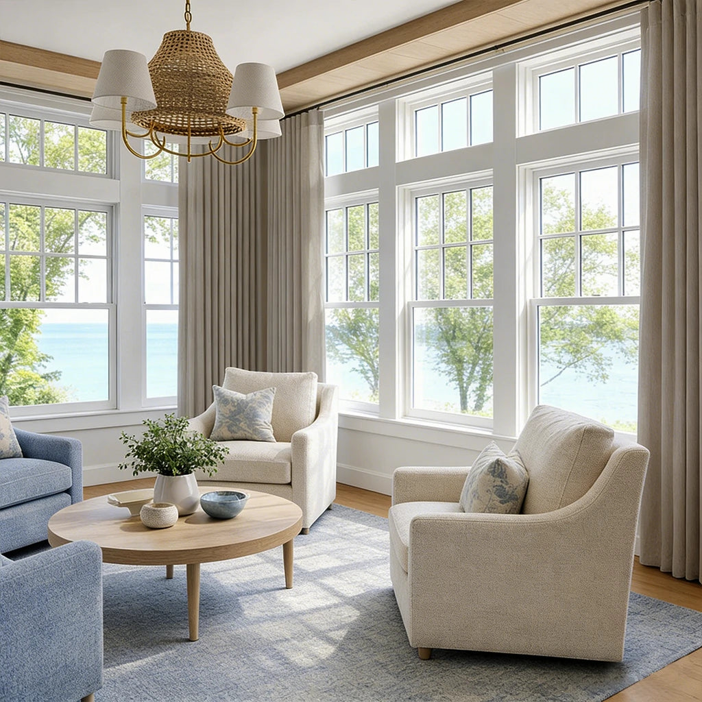Pearl Gray John Linen Texture Cotton Curtains framing coastal views in a light filled transitional living room design