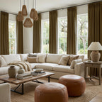 Sage Green John Linen Texture Cotton Curtains dressing windows in a spacious earthy living room with woven pendants