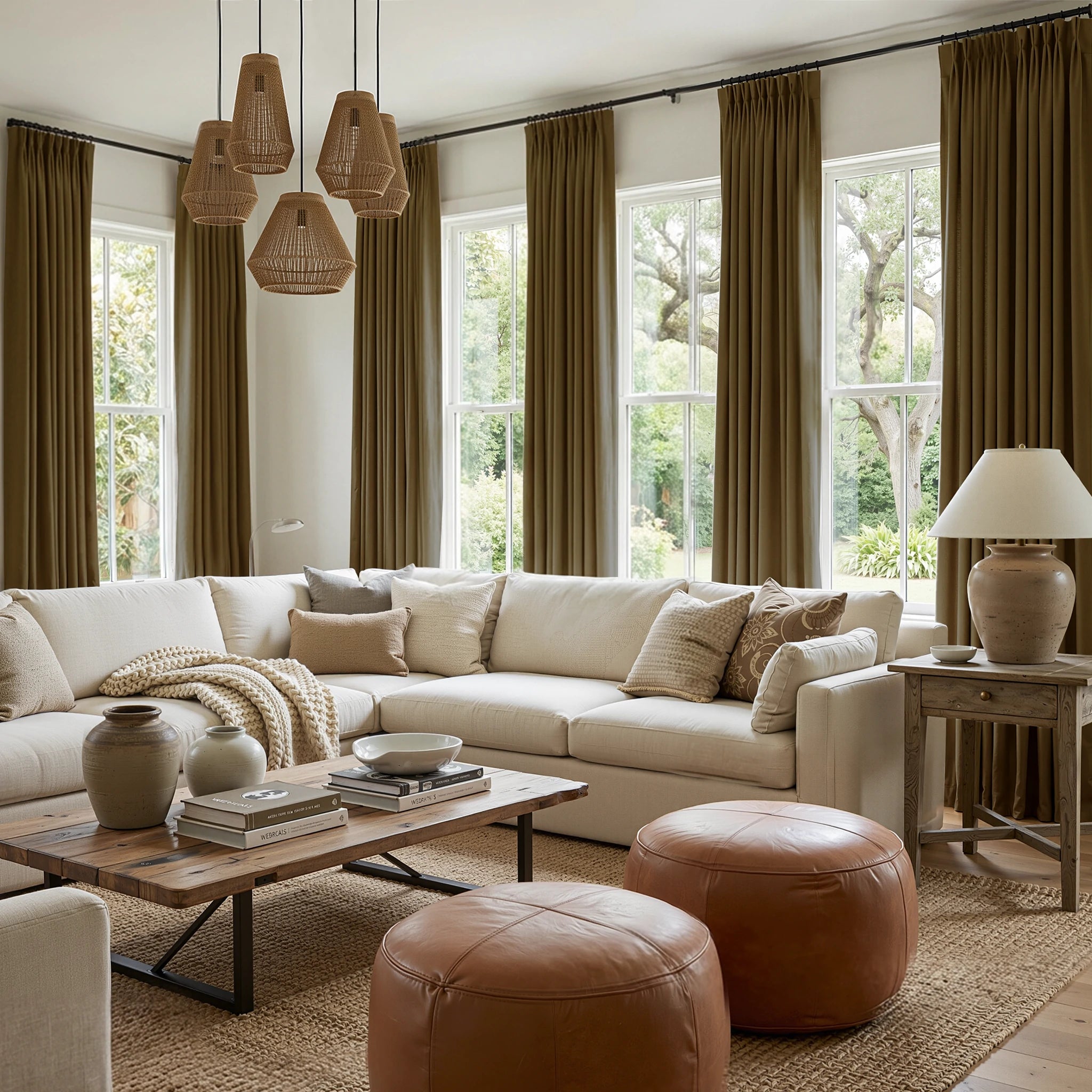 Sage Green John Linen Texture Cotton Curtains dressing windows in a spacious earthy living room with woven pendants