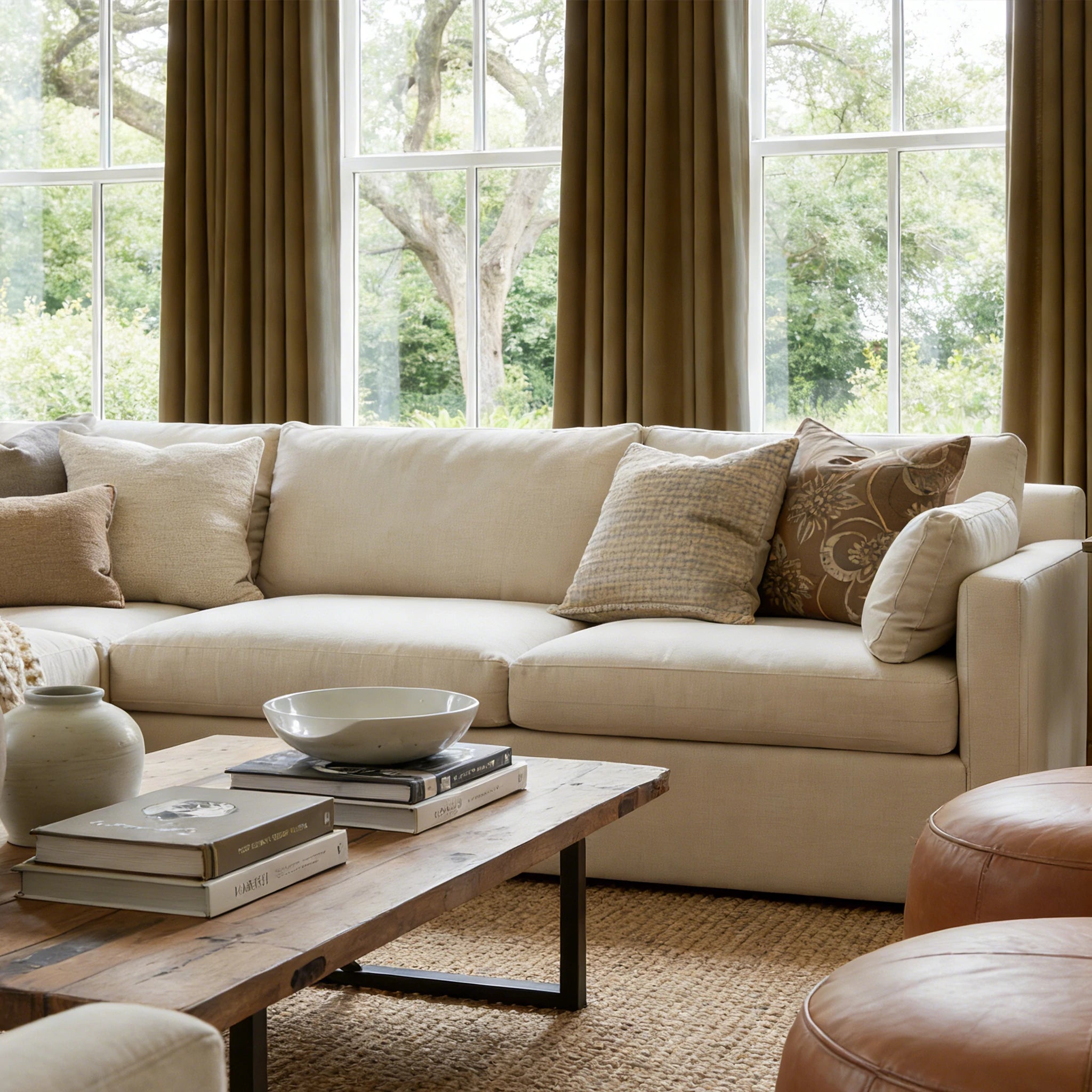 Wooden coffee table styled beautifully against the heavy weight fabric of Sage Green John Linen Texture Cotton Curtains