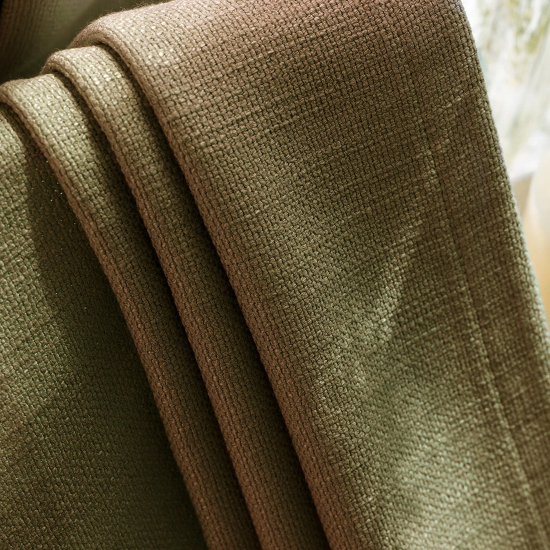 Detailed textile structure and premium tailored drape of Sage Green John Linen Texture Cotton Curtains up close