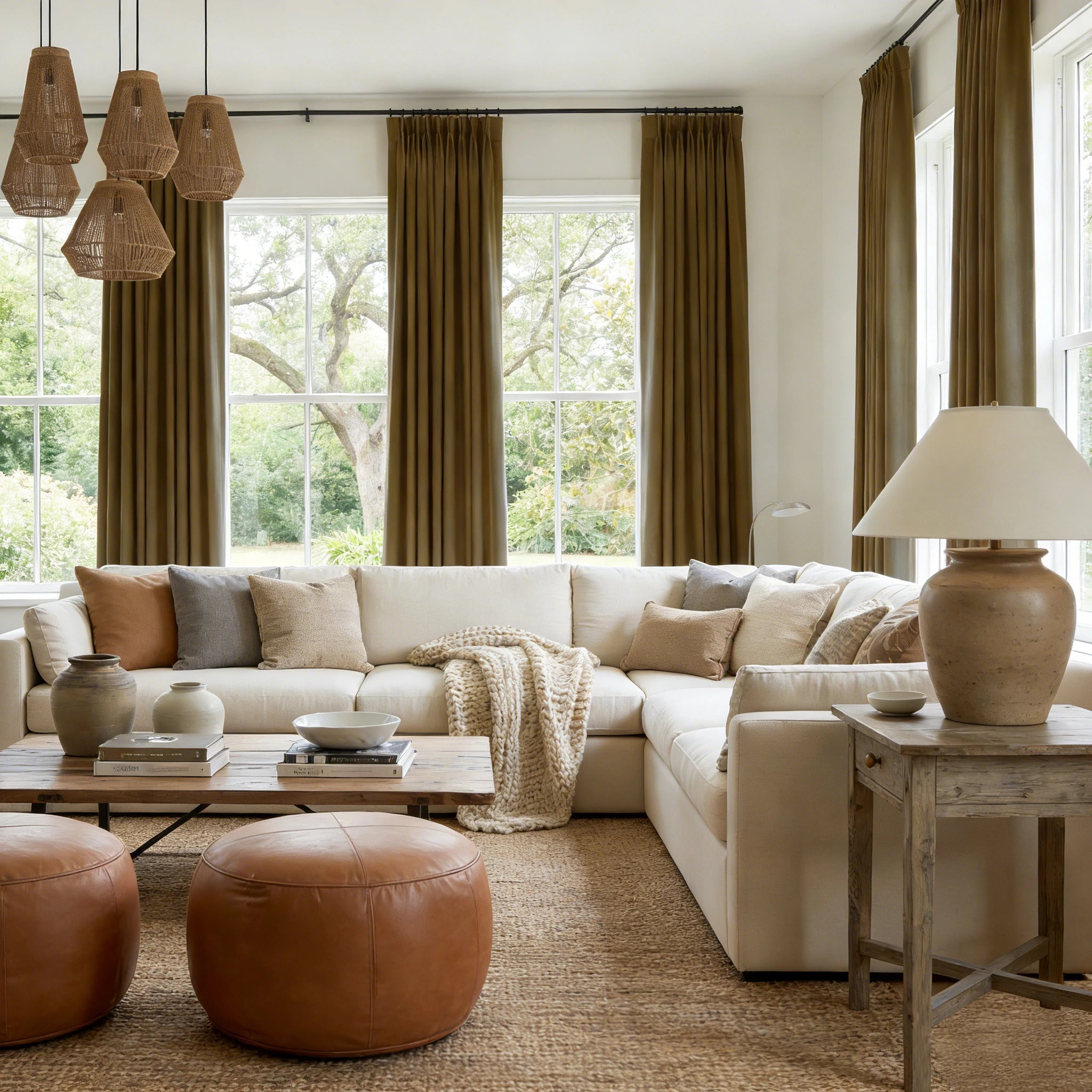 Balanced living space design featuring Sage Green John Linen Texture Cotton Curtains and neutral sectional sofa