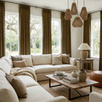 Cozy lounge setup framed by the elegant pinch pleat design of Sage Green John Linen Texture Cotton Curtains