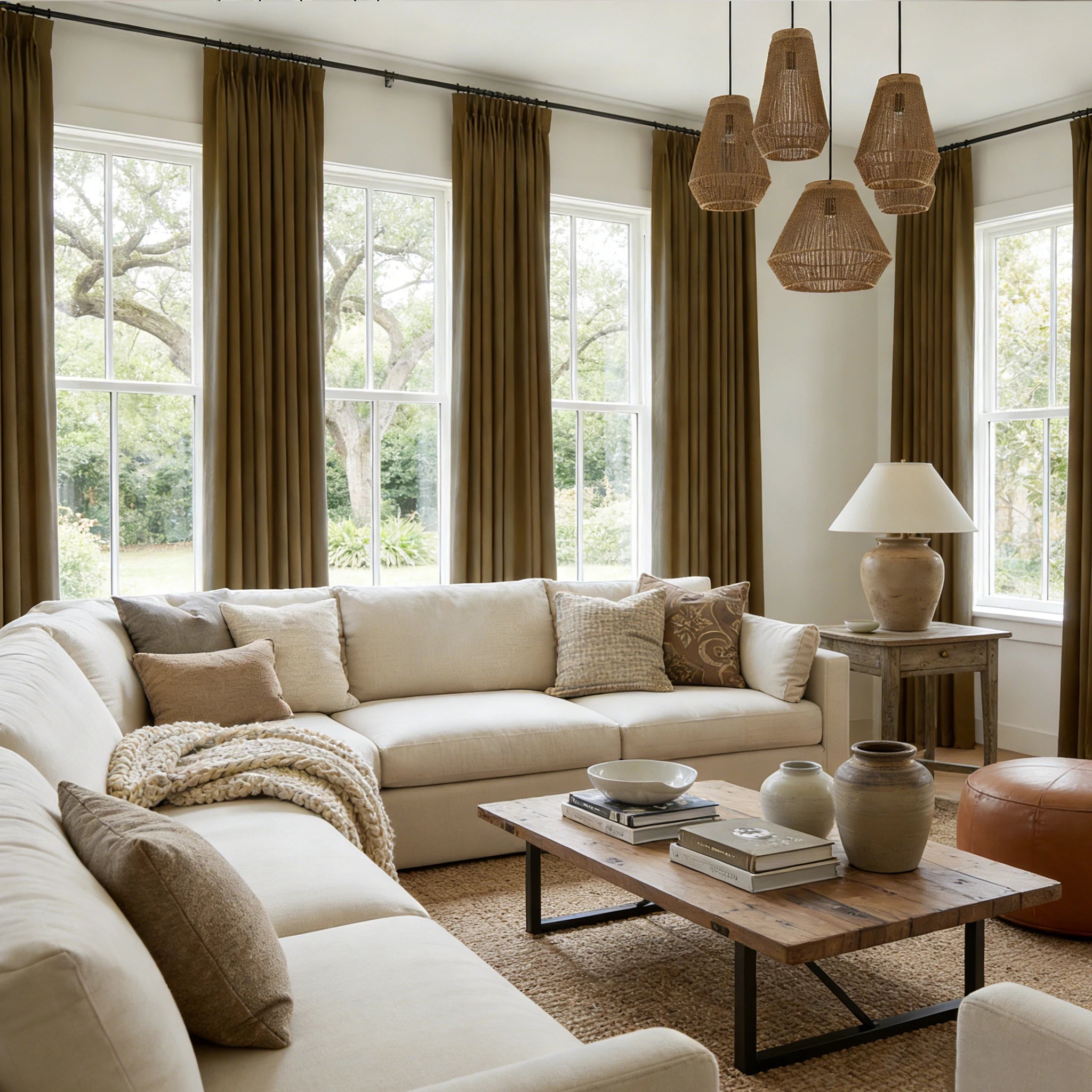 Cozy lounge setup framed by the elegant pinch pleat design of Sage Green John Linen Texture Cotton Curtains