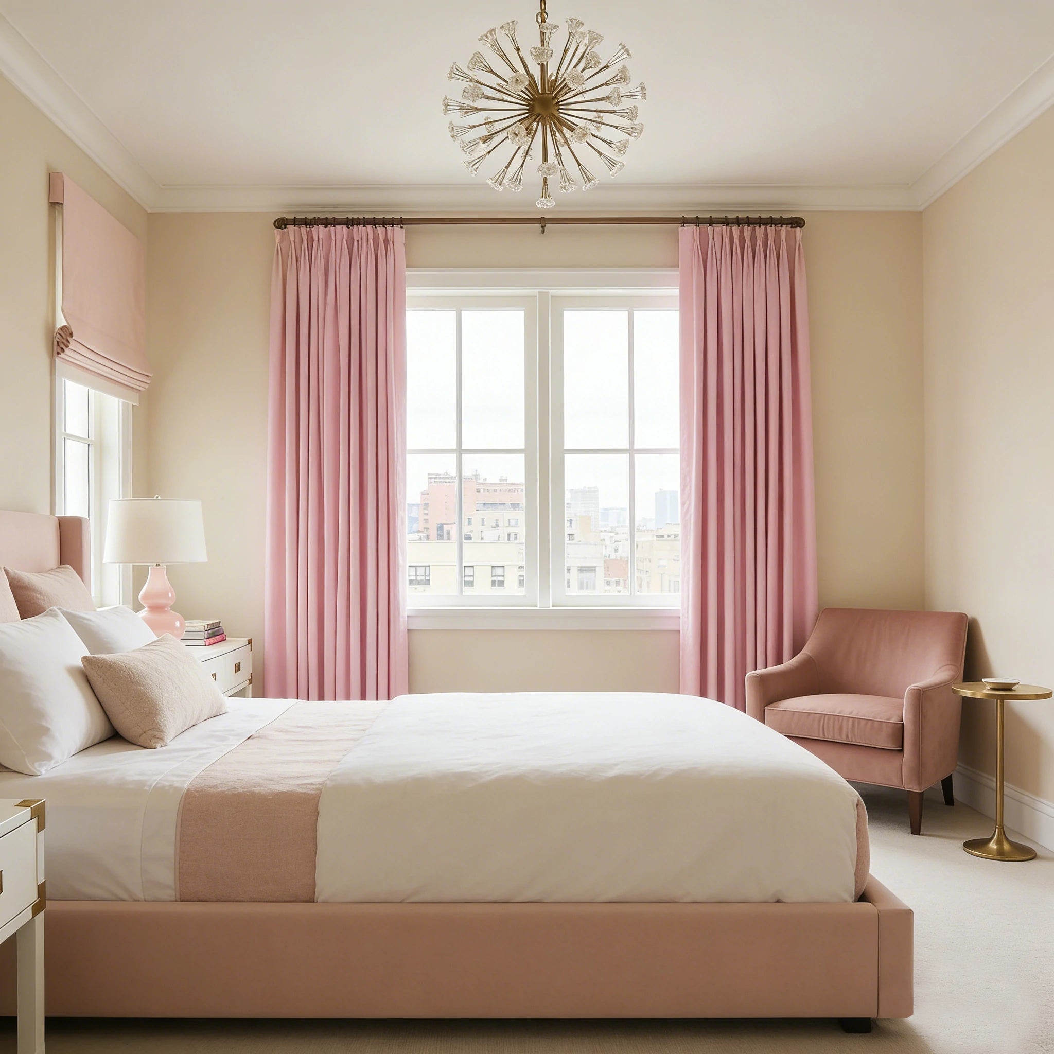 Tailored pinch pleat panels of Pink John Linen Texture Cotton Curtains frame a bright city view bedroom window