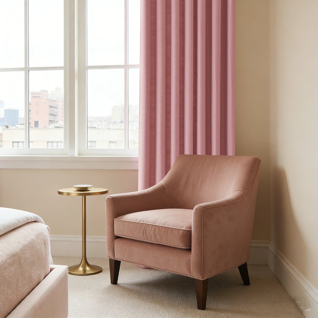 Elegant room styling with a velvet armchair and Pink John Linen Texture Cotton Curtains dressing the background