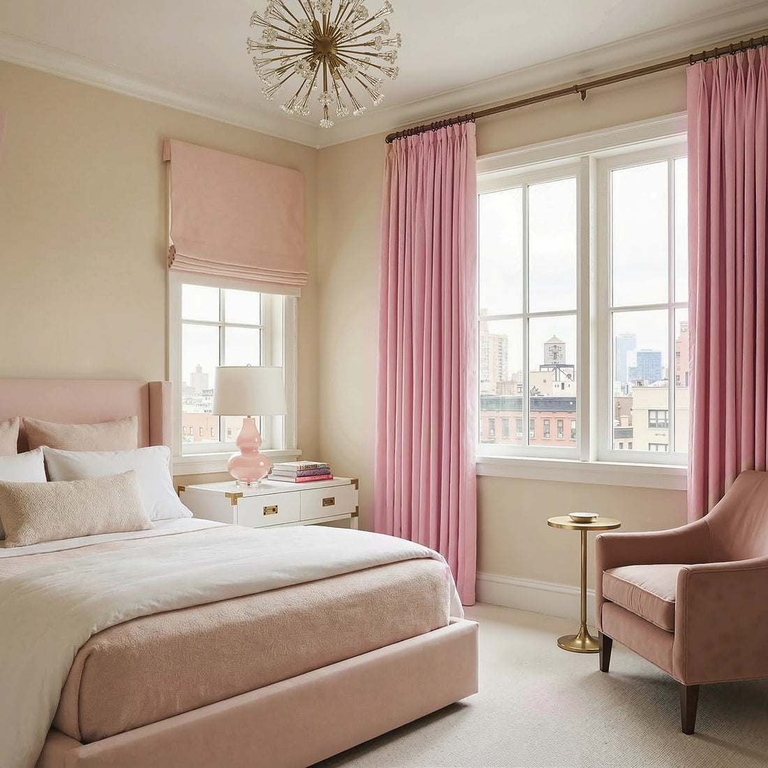 Pink John Linen Texture Cotton Curtains with matching roman shades dressing bright bedroom windows in a luxury home