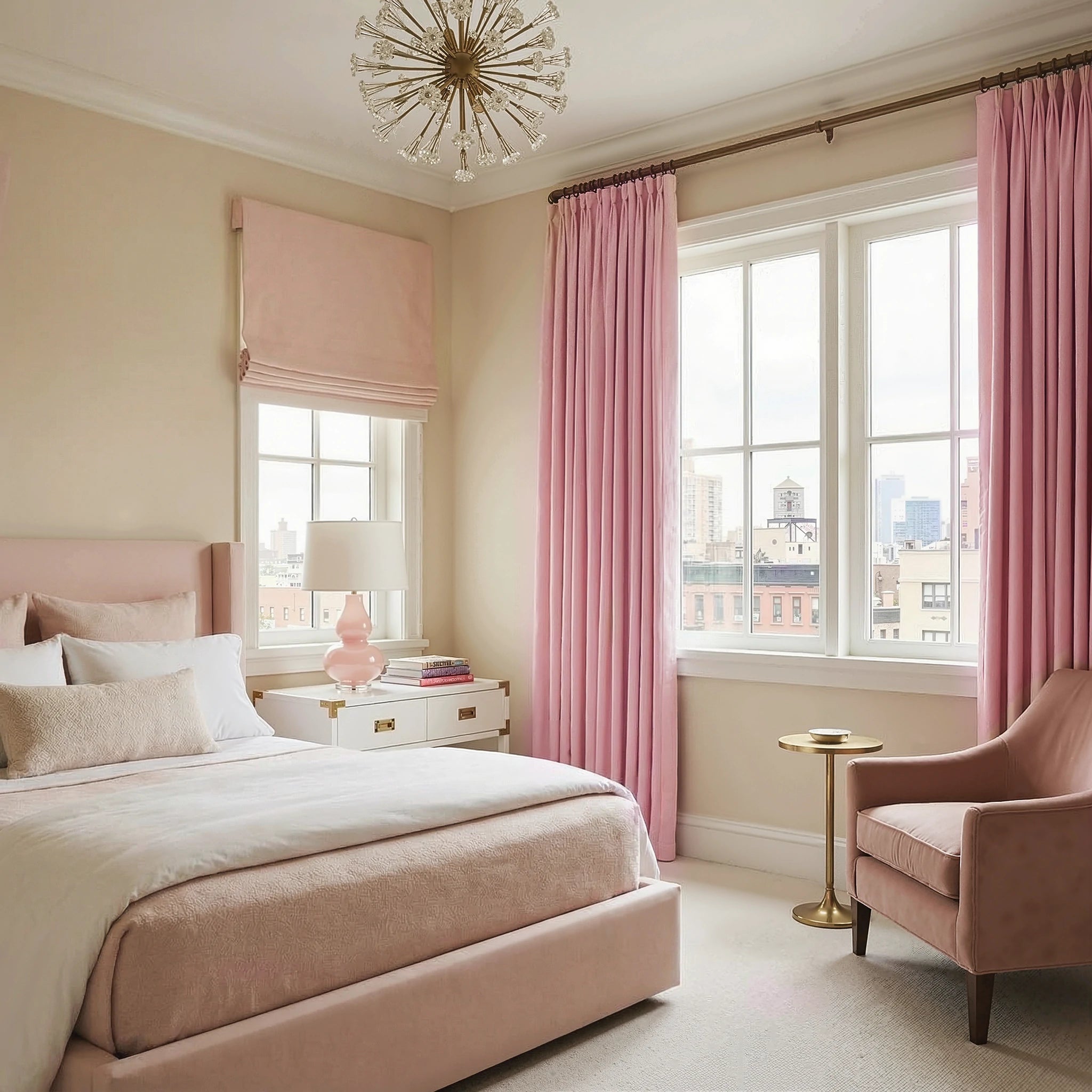 Pink John Linen Texture Cotton Curtains with matching roman shades dressing bright bedroom windows in a luxury home