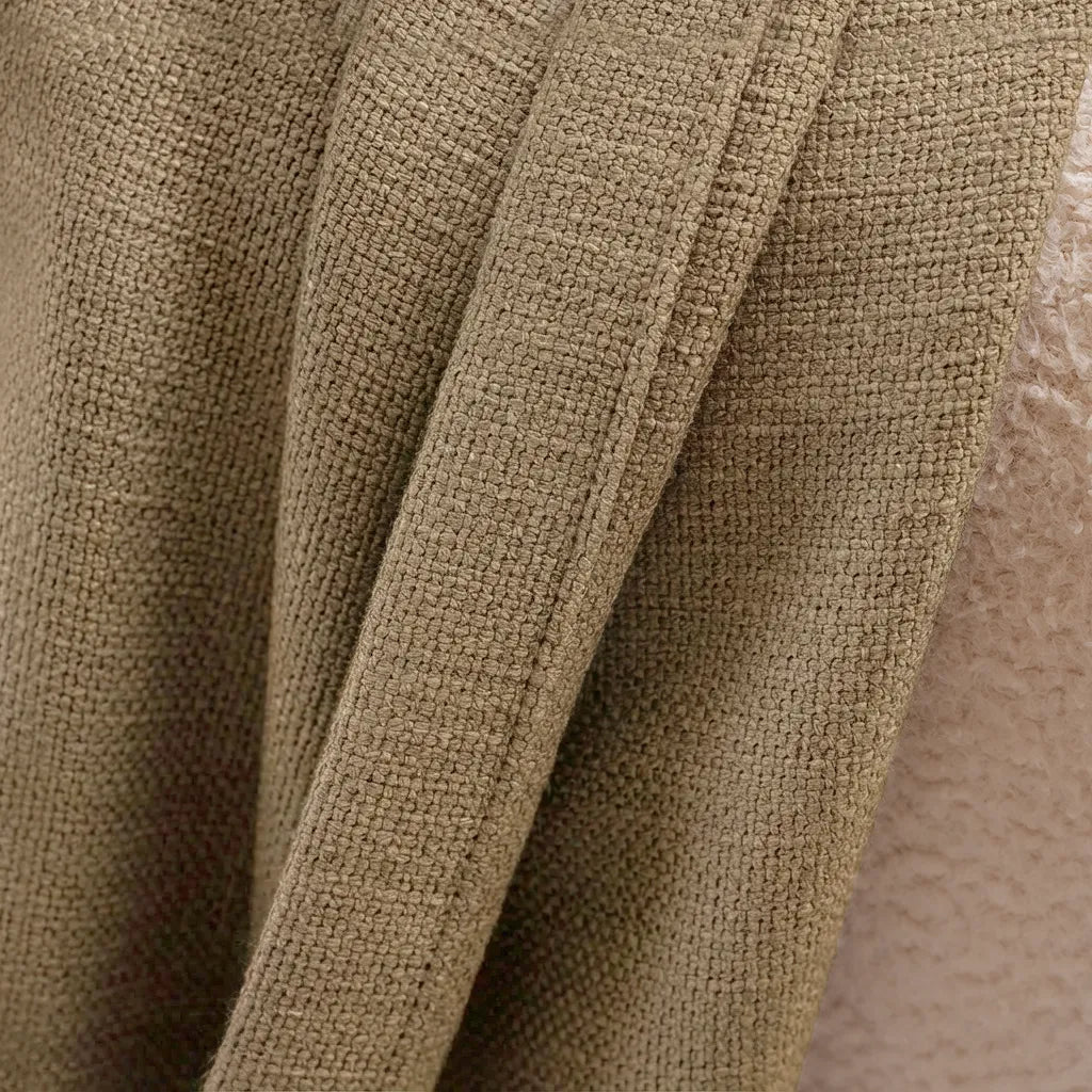 Detailed textile structure and premium tailored edge of Moss Brown John Linen Texture Cotton Curtains next to texture