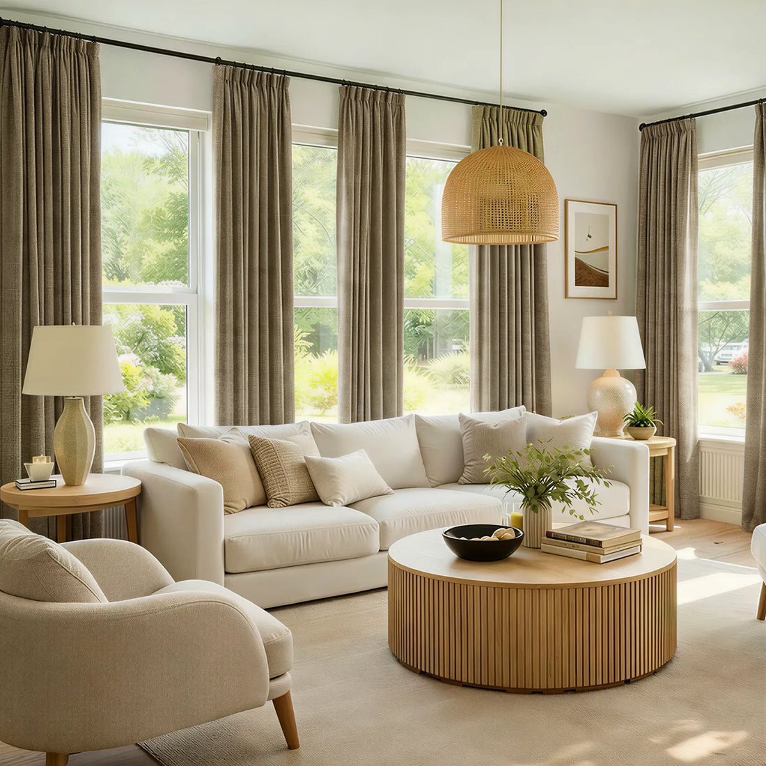 Moss Brown John Linen Texture Cotton Curtains hung across multiple windows in a warm earth tone living room decor