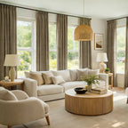 Moss Brown John Linen Texture Cotton Curtains hung across multiple windows in a warm earth tone living room decor