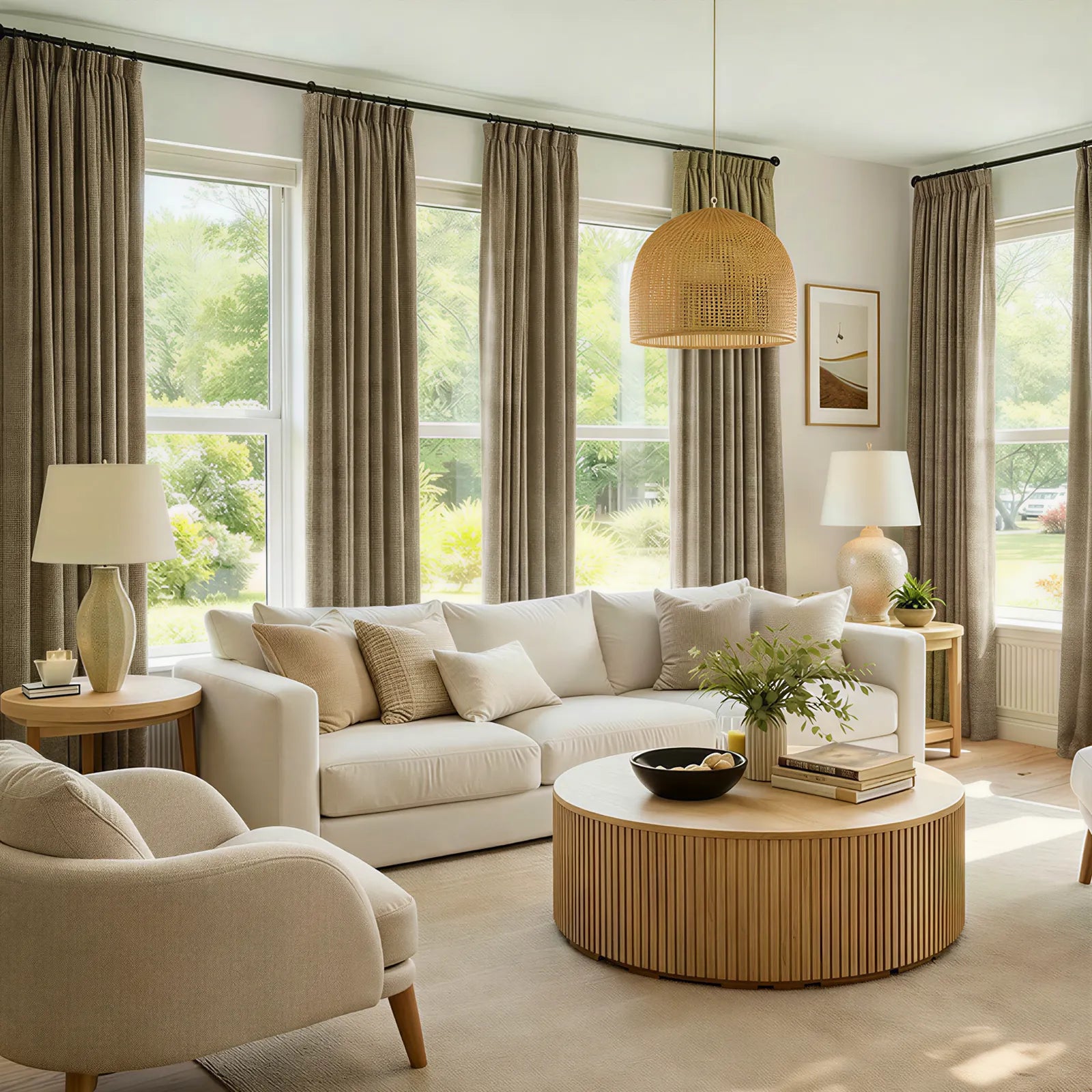 Moss Brown John Linen Texture Cotton Curtains hung across multiple windows in a warm earth tone living room decor
