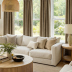 Cozy living space featuring Moss Brown John Linen Texture Cotton Curtains arranged beside a neutral l shaped sofa