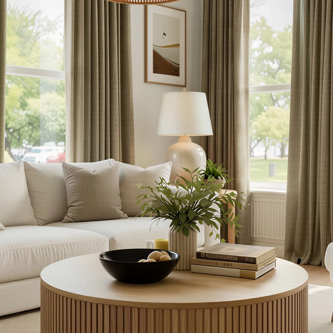 Ribbed wooden coffee table styled in front of the organic slub fibers of Moss Brown John Linen Texture Cotton Curtains