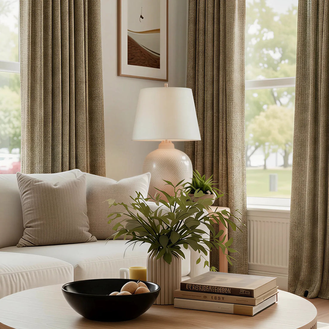 Modern lounge details focused on table styling with heavy weight Moss Brown John Linen Texture Cotton Curtains background