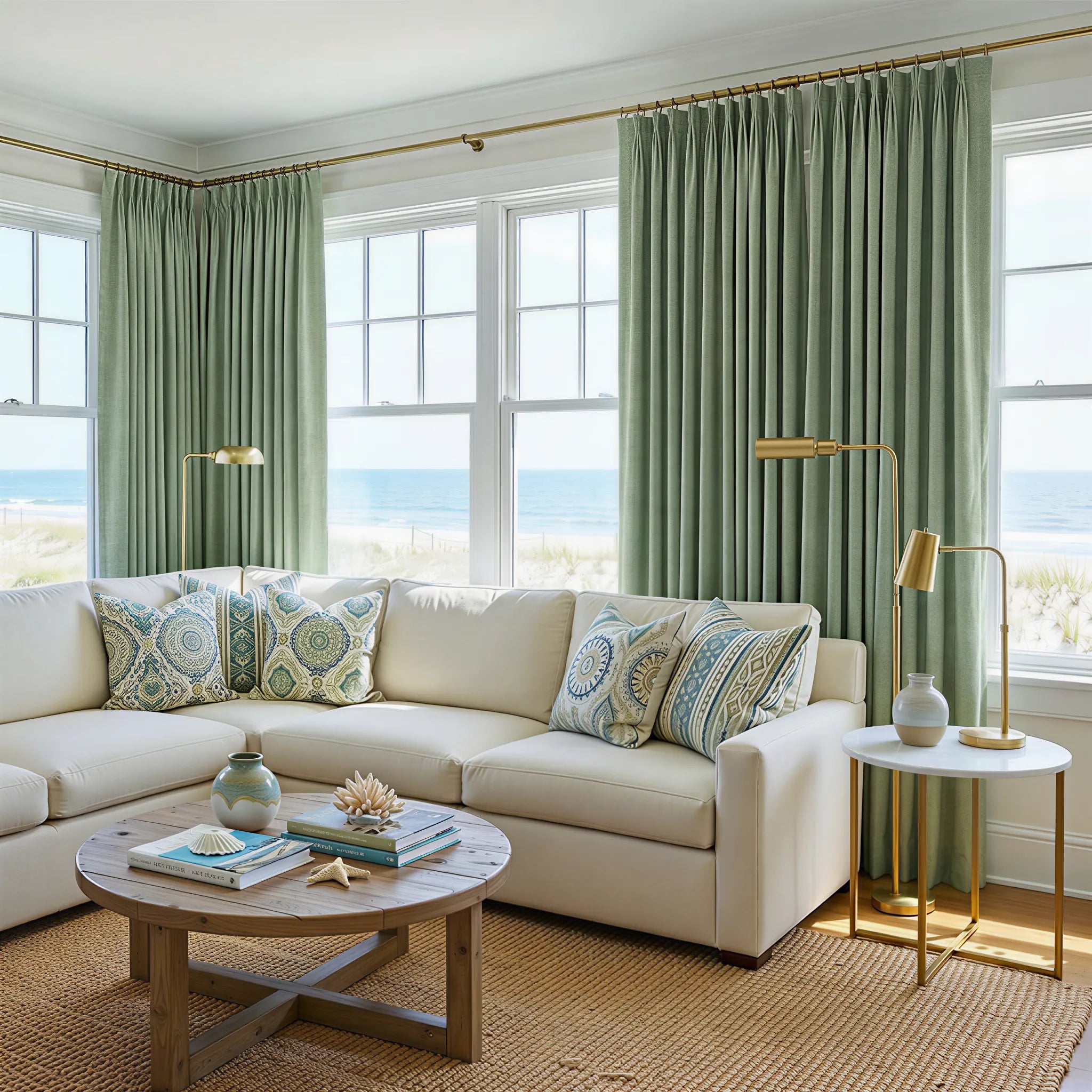 Grass Green John Linen Texture Cotton Curtains illuminating a coastal style living room with cream sectional sofa