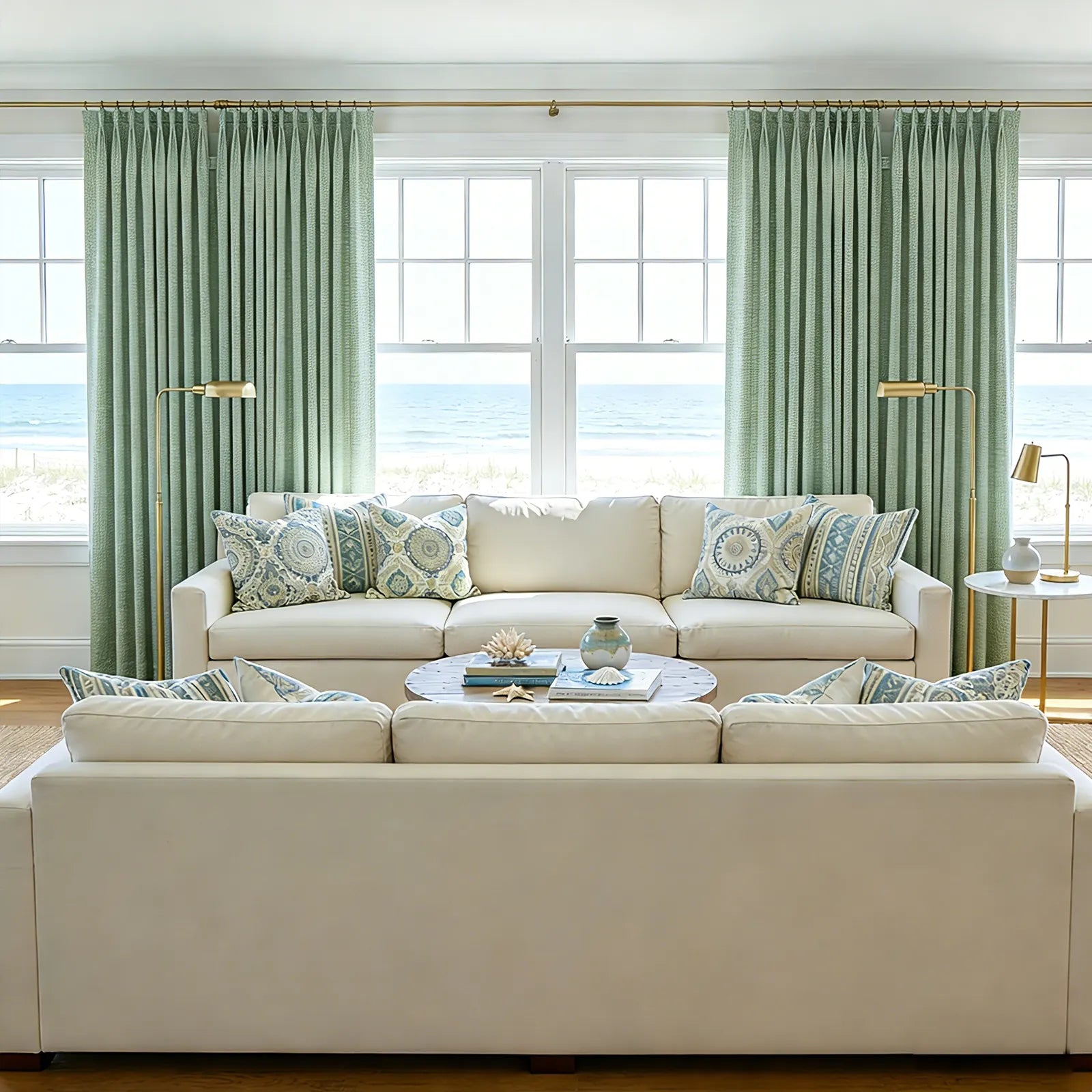 Ocean view lounge room featuring symmetric layouts of Grass Green John Linen Texture Cotton Curtains behind neutral couches