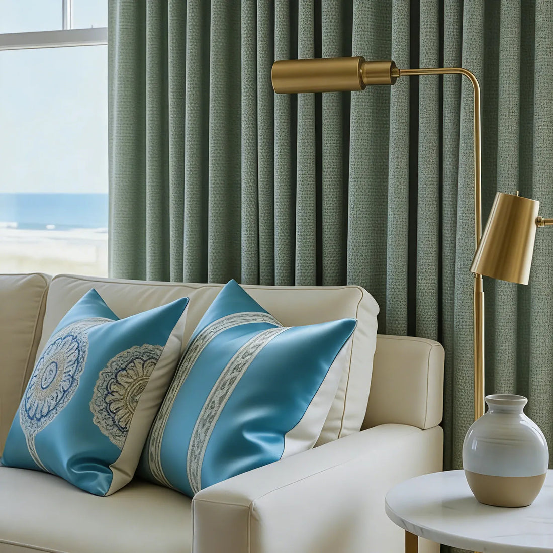 Sleek brass floor lamp illuminating the heavy weight drapery structure of Grass Green John Linen Texture Cotton Curtains