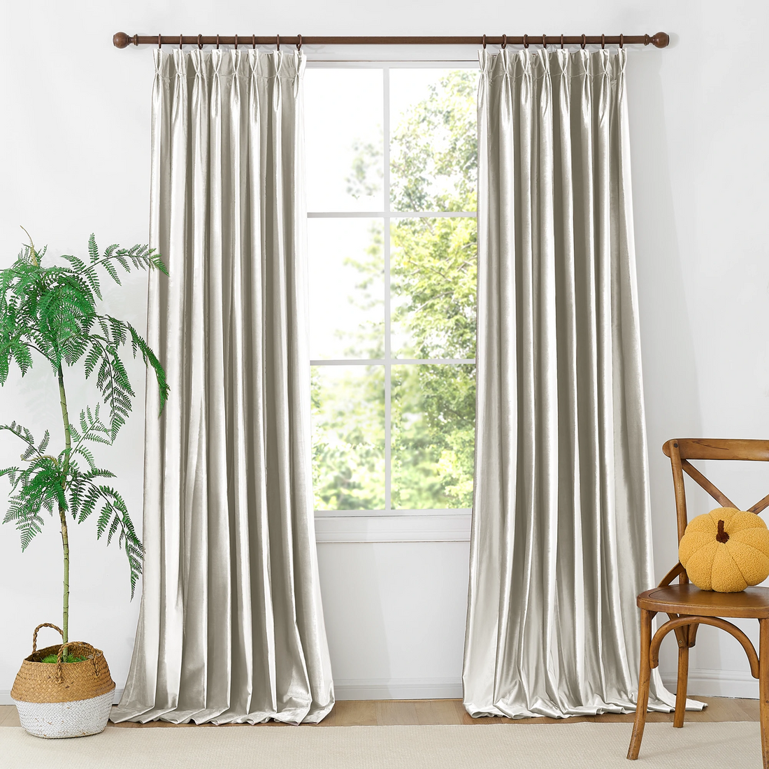 Beige Velvet Curtains Front View