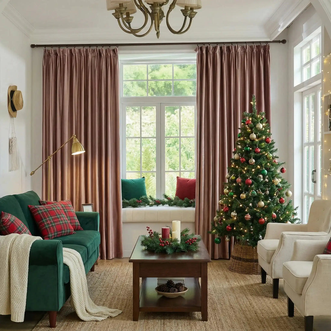 Pink velvet curtains hanging in front of a large window with greenery outside, decorated with a small yellow pouf and a cozy window seat