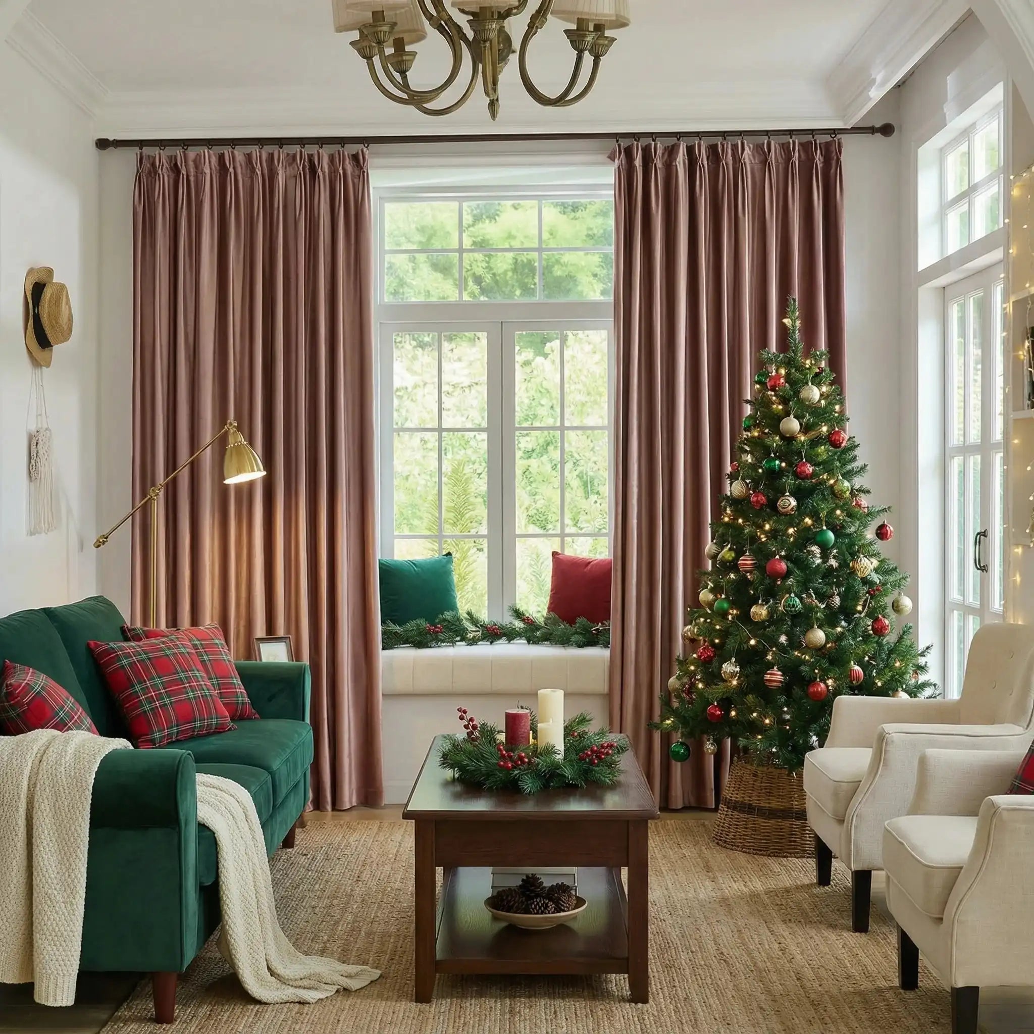 Pink velvet curtains hanging in front of a large window with greenery outside, decorated with a small yellow pouf and a cozy window seat