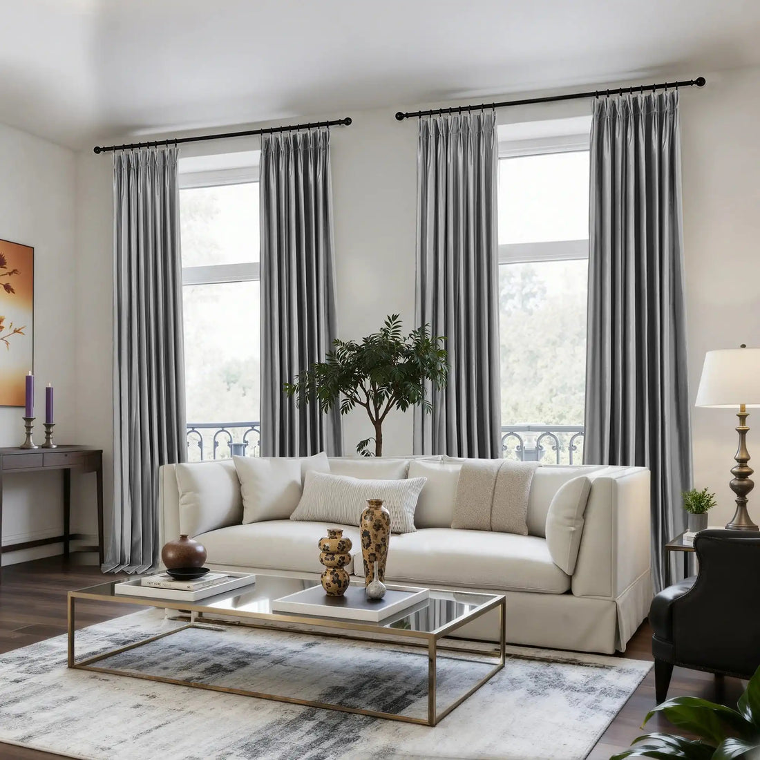 Modern living room featuring gray velvet curtains, a white sofa, a coffee table with decorative vases, and a large window with greenery outside.