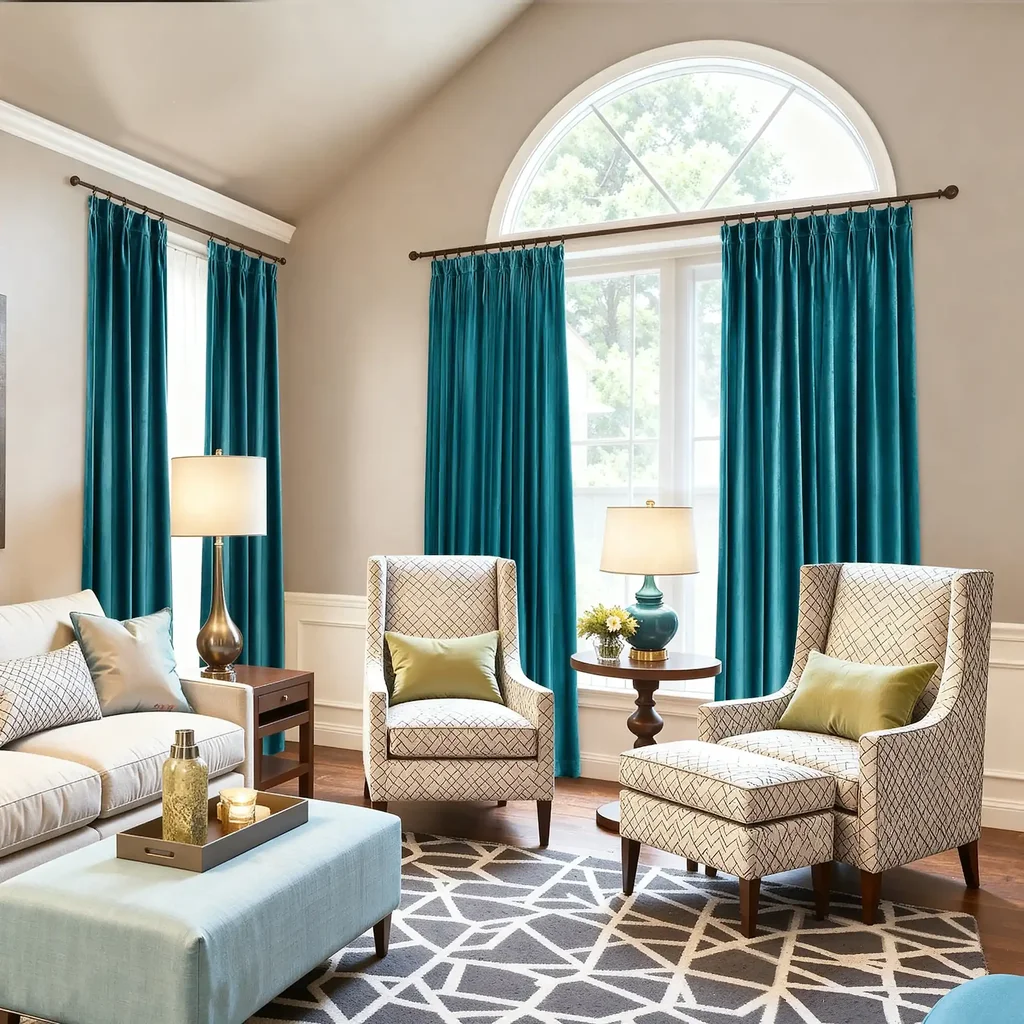 Bright living room with teal velvet curtains, large arched window, and stylish furniture creating a cozy atmosphere