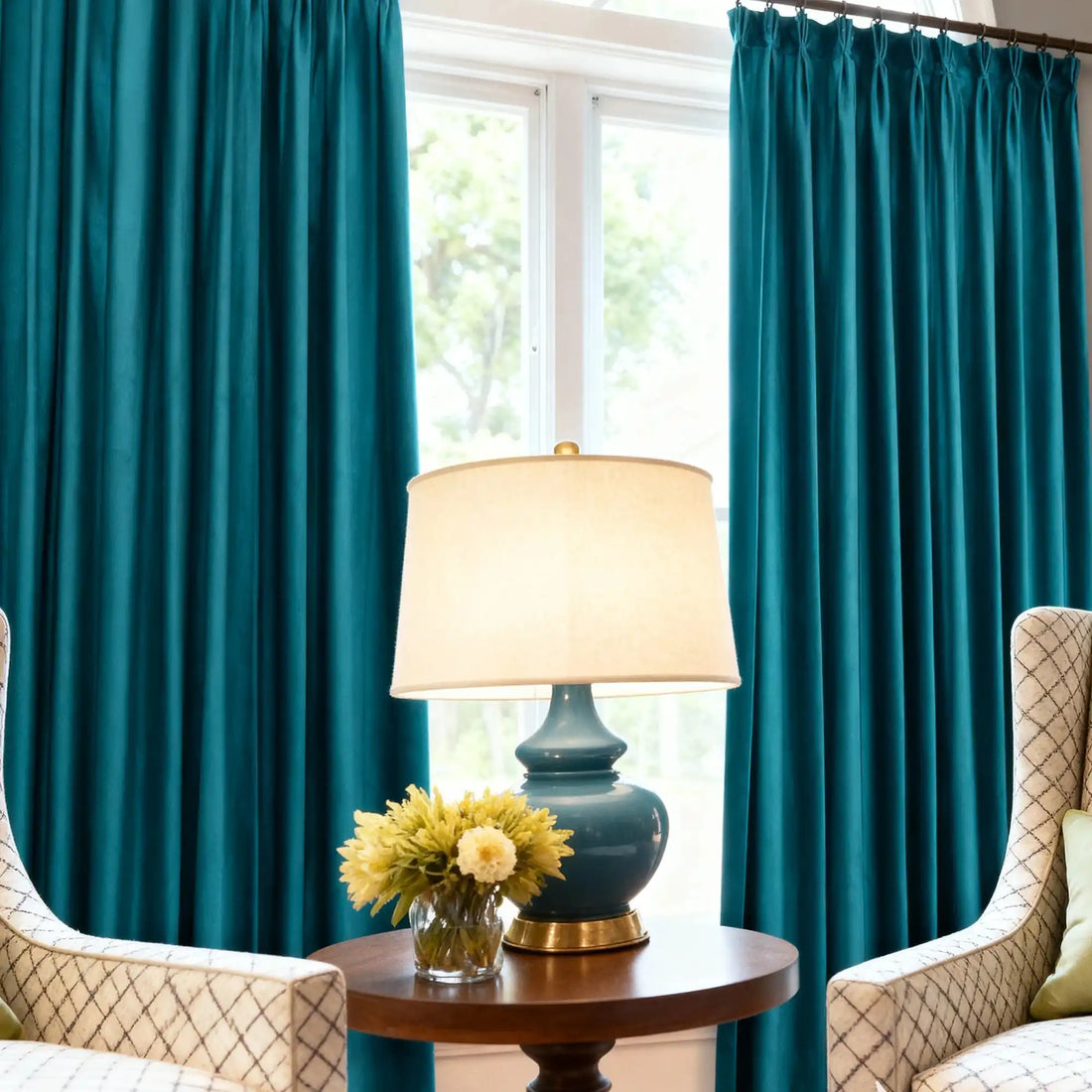 Bright yellow velvet curtains hanging in front of large window with white trim, natural light, and outdoor view, home decor