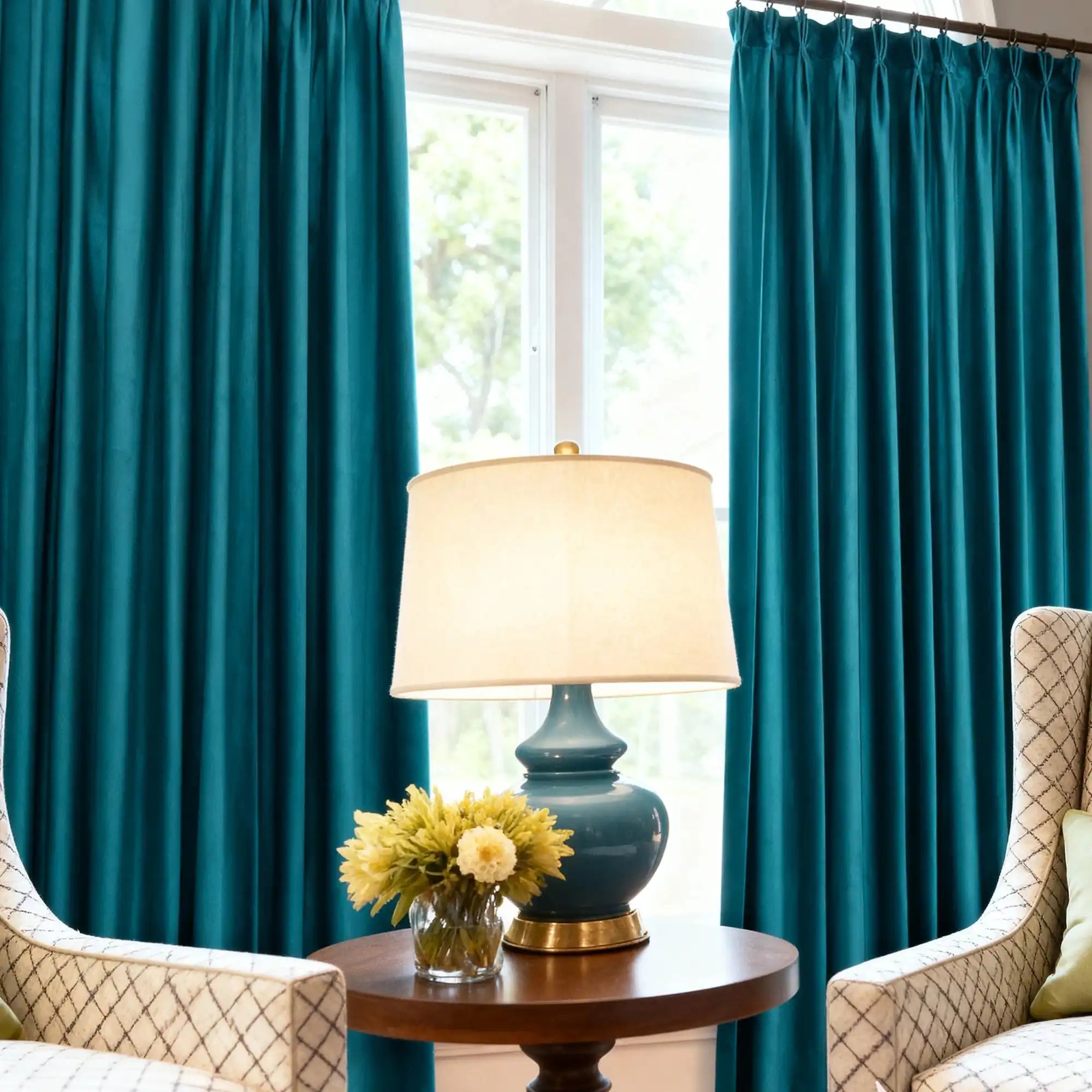 Bright yellow velvet curtains hanging in front of large window with white trim, natural light, and outdoor view, home decor
