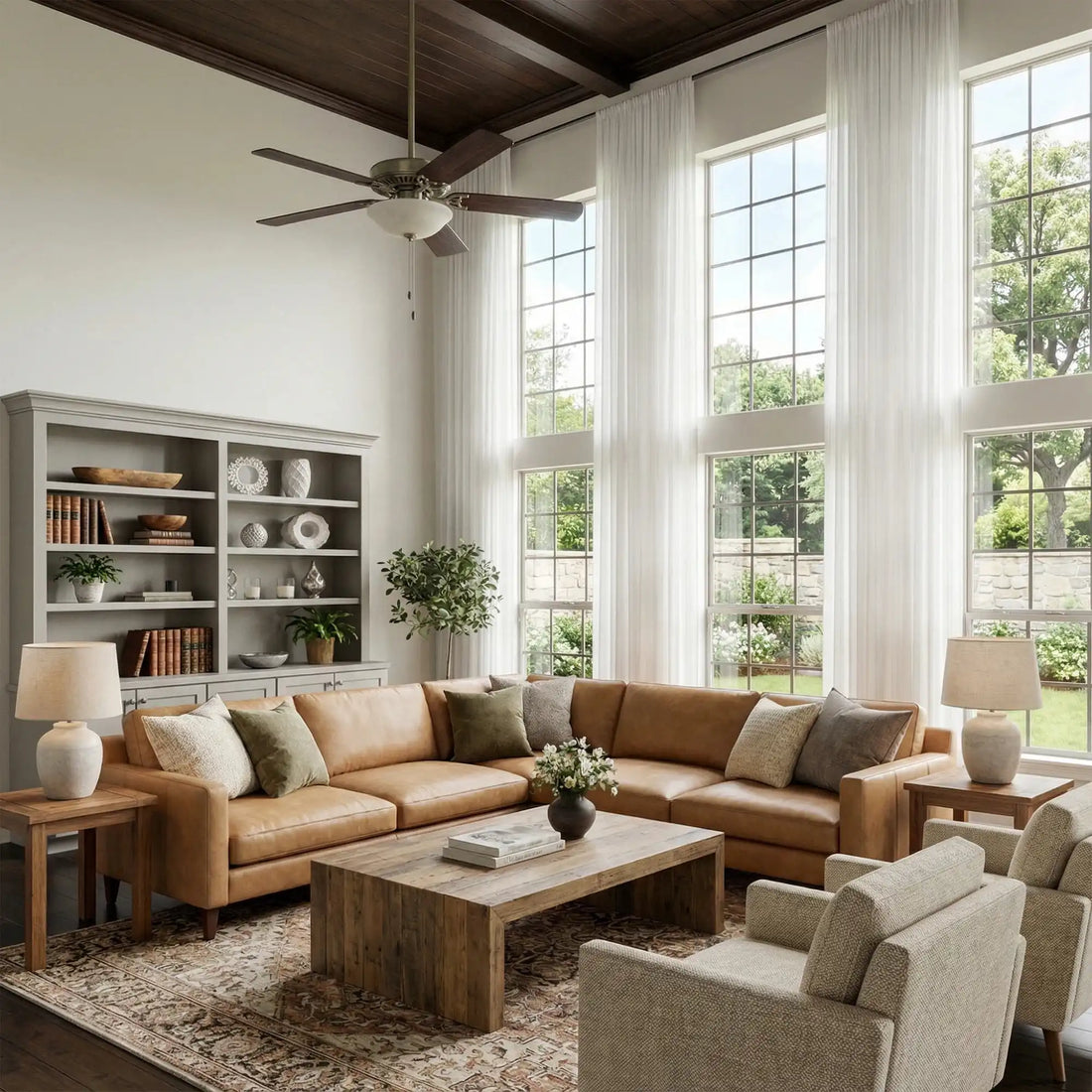 Grand high ceiling lounge showcasing extra long White Lisa Semi Sheer Curtains with a cognac leather sectional