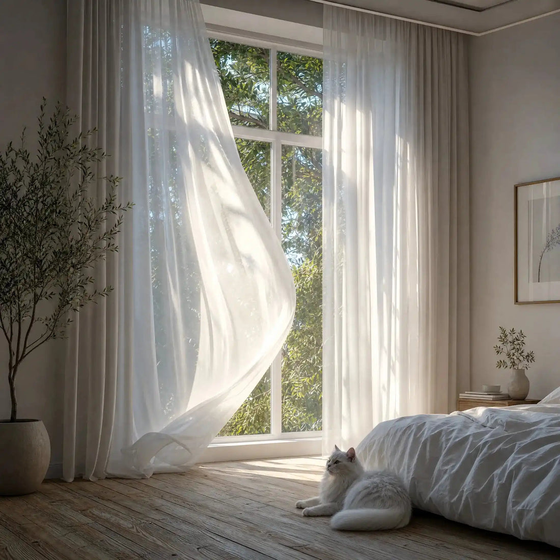 Breezy White Lisa Semi Sheer Curtains gently blowing in the wind inside a sunlit minimalist bedroom