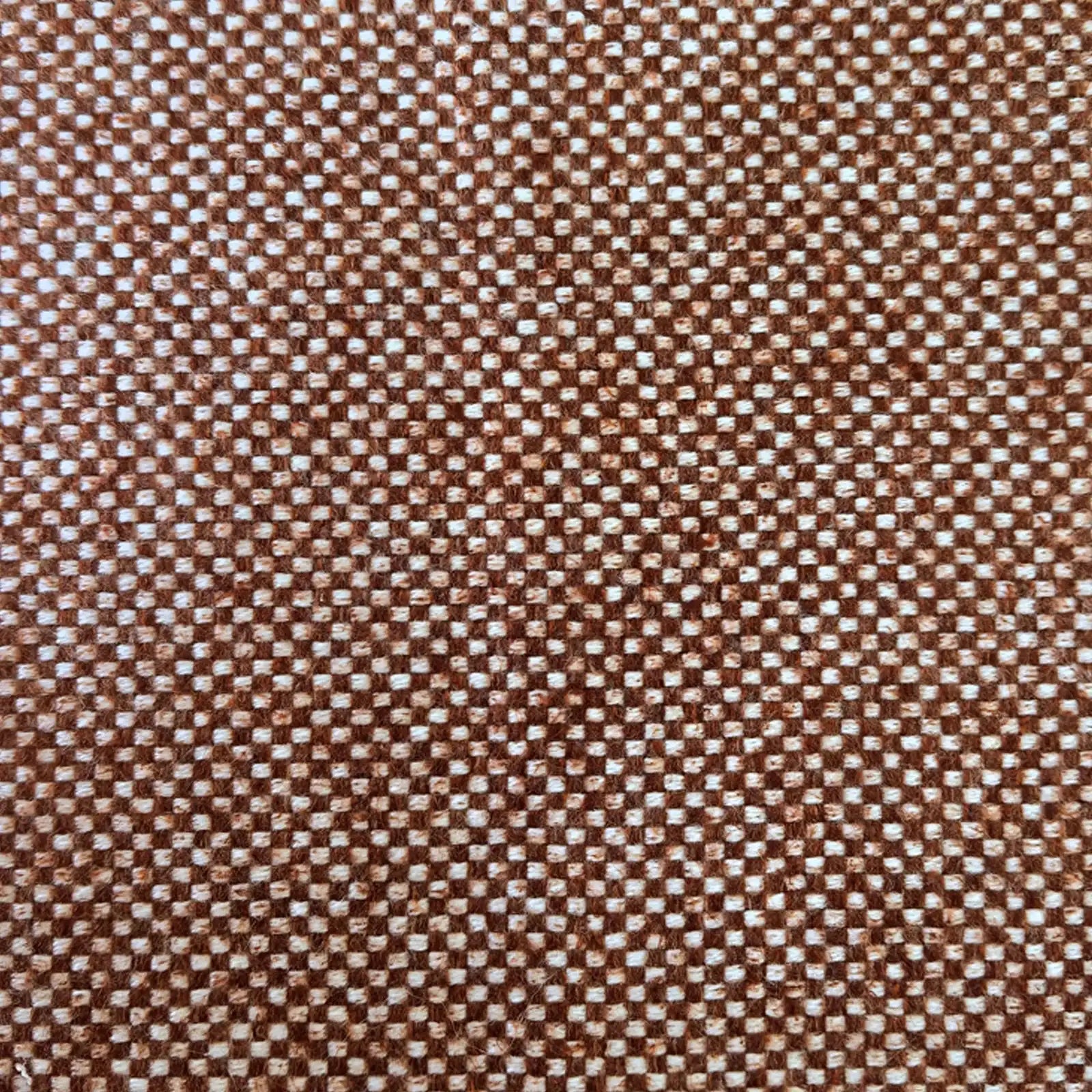 A flat, straight-on full-frame macro view showing the tight, uniform basketweave structure of the fabric, characterized by an even, repeating grid of white and rich caramel yarns.