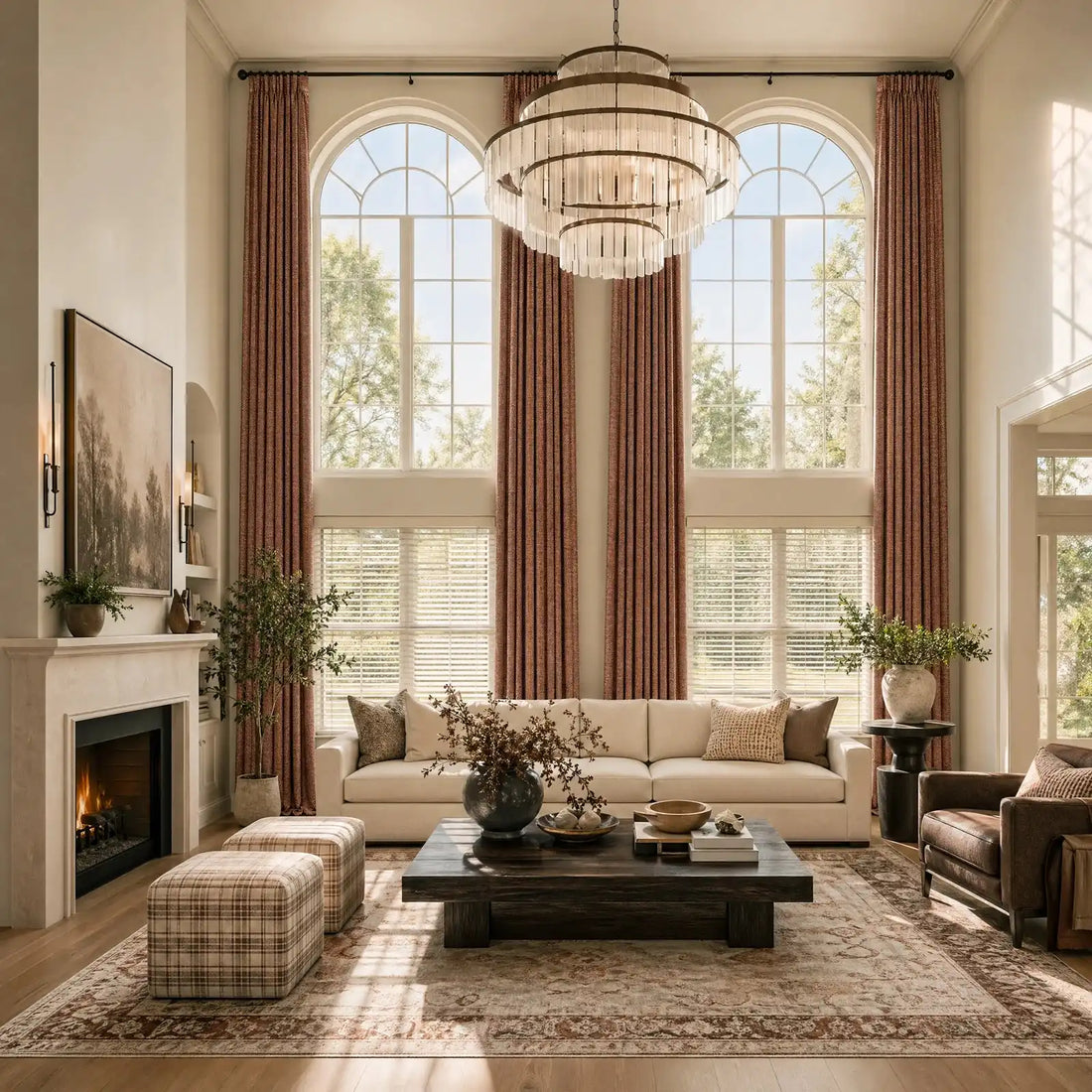 A dramatic, wide-angle view of a grand living room with soaring ceilings and double-height arched windows. Long, elegant caramel curtain panels frame the large windows. The space features a classic fireplace, a long off-white sofa, a dark rustic wood coffee table, and plaid upholstered stools.