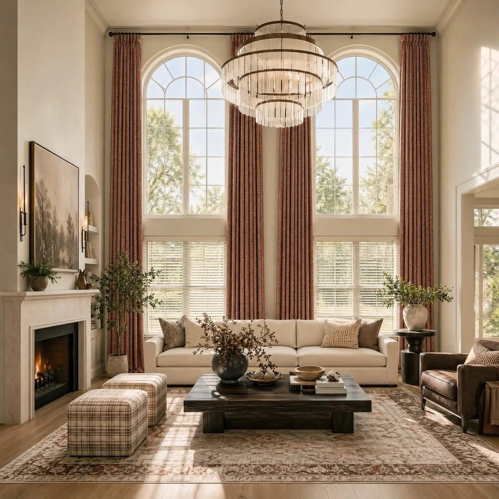 A dramatic, wide-angle view of a grand living room with soaring ceilings and double-height arched windows. Long, elegant caramel curtain panels frame the large windows. The space features a classic fireplace, a long off-white sofa, a dark rustic wood coffee table, and plaid upholstered stools.