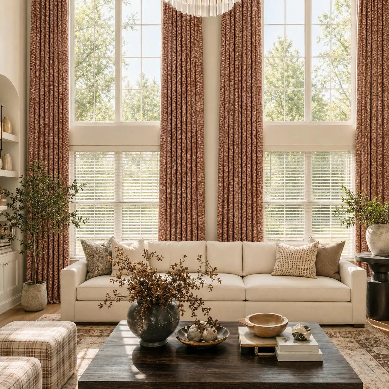 A closer, front-facing view of the high-ceilinged living room, centering on the cream-colored sofa styled with decorative throw pillows. In the foreground, a dark wooden coffee table holds a prominent ceramic vase with dried branches, framed by the long, dramatic columns of caramel drapery.