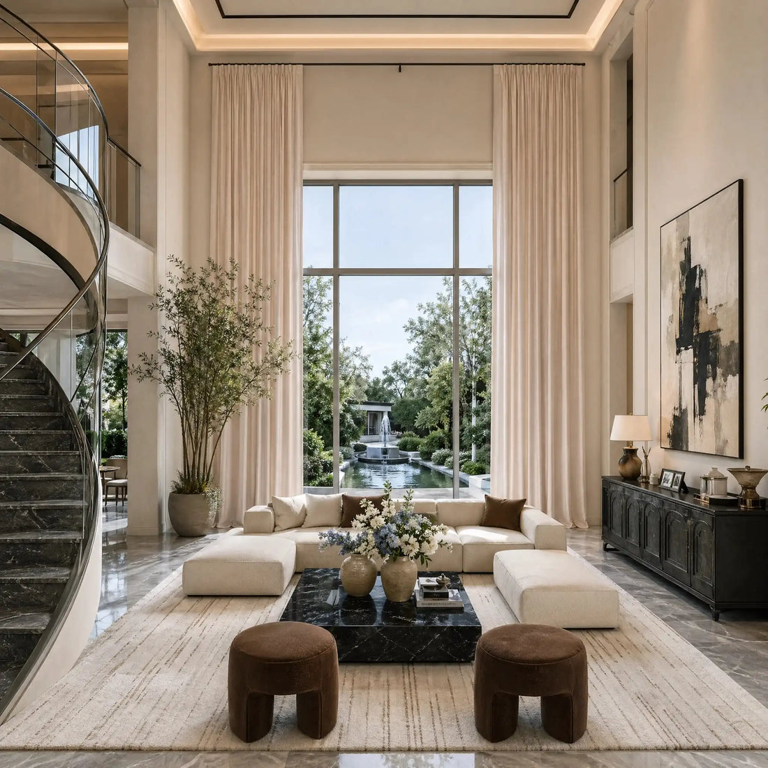 A grand, double-height luxury living room featuring two immense panels of long, light yellow curtains framing a massive two-story window. The sophisticated space includes a modern spiral staircase on the left, a cream sectional sofa, a black marble coffee table, and a scenic view of an outdoor courtyard fountain.