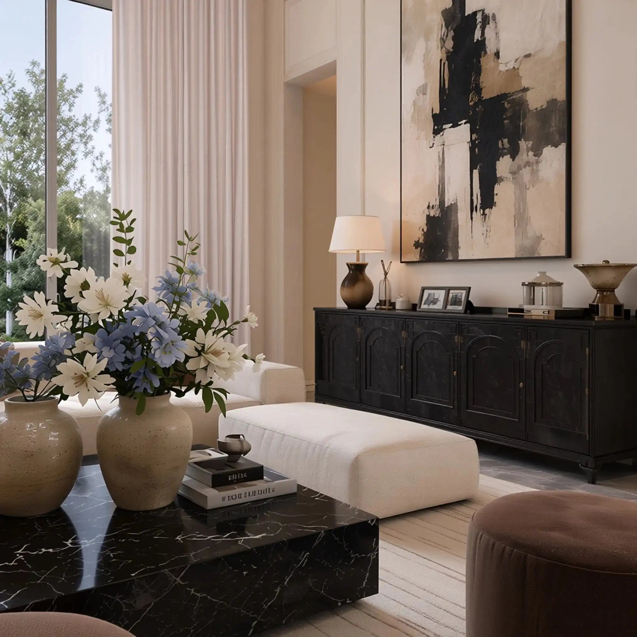 An interior view of the luxury living room setup, focusing on a black marble coffee table adorned with fresh white and blue flowers, a cream ottoman, and a dark carved wooden credenza beneath a large abstract painting.
