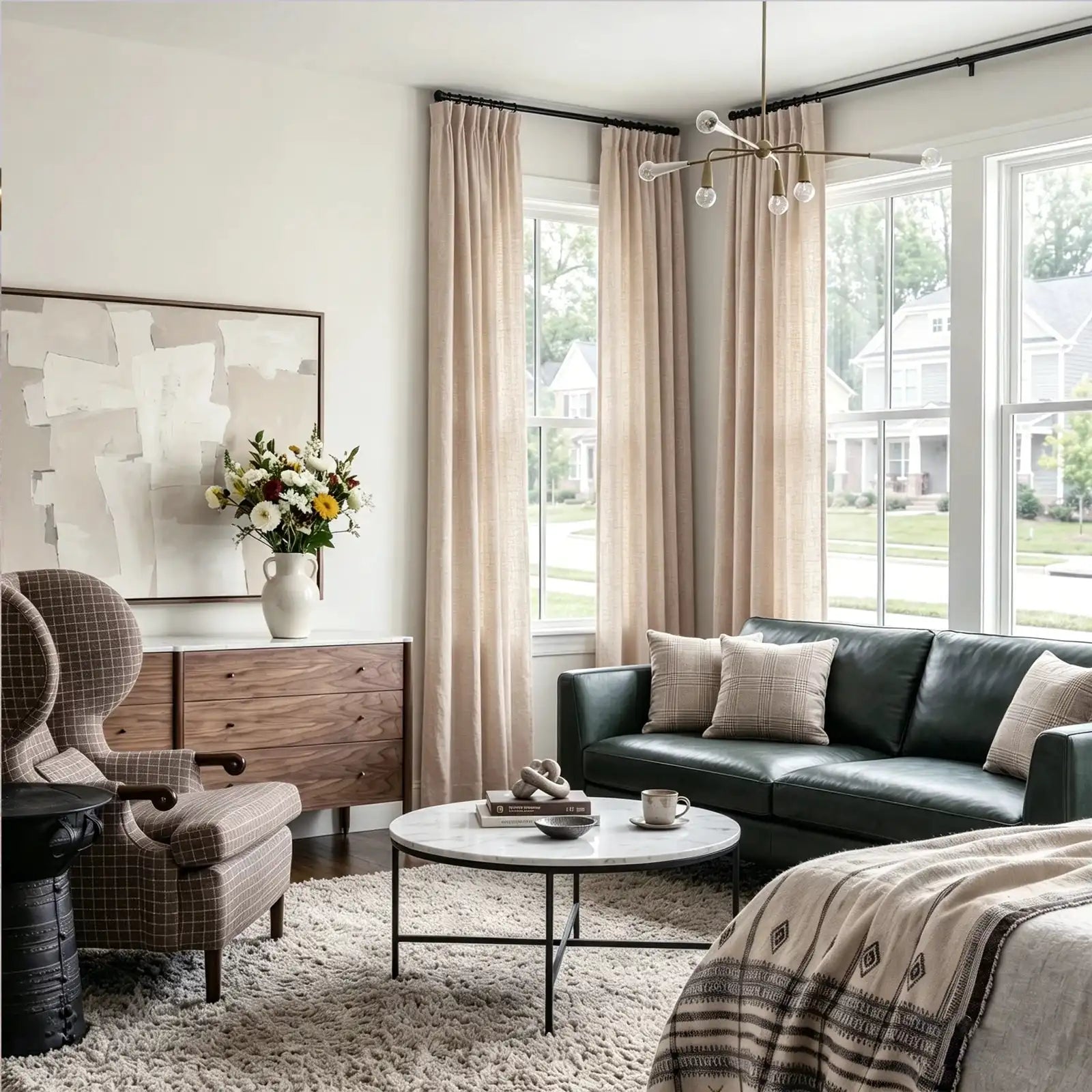 A cozy, elegant living room featuring a dark green leather sofa with plaid pillows, a matching plaid wingback armchair, a round white marble coffee table, a walnut dresser, and windows dressed with long, light yellow pleated curtains.
