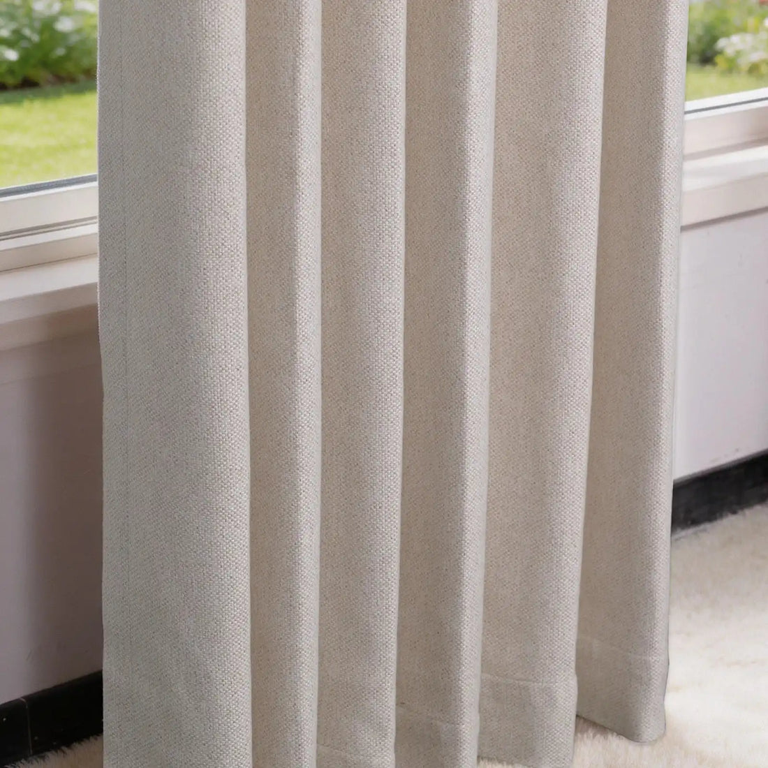 A close-up product display shot of the light yellow curtain panel hanging elegantly next to a window sill, showcasing its crisp vertical folds and tactile texture under bright daylight.