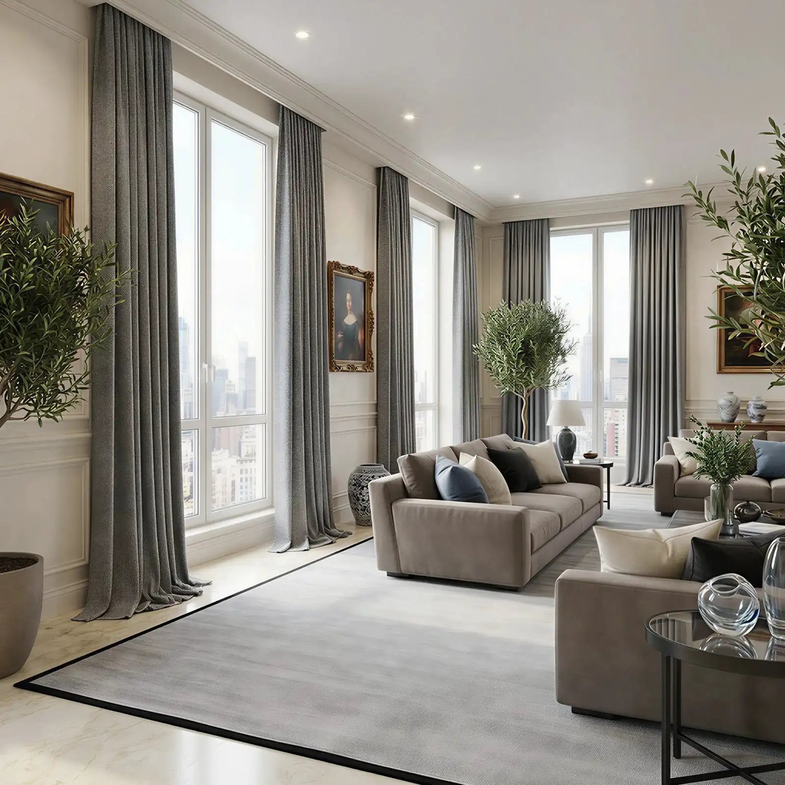 A bright, wide-angle shot of an elegant high-end living room featuring large floor-to-ceiling windows dressed in long, pleated dark gray curtain panels. The space is decorated with contemporary taupe sofas, a large light gray area rug with a bold black border, potted olive trees, and classic framed artwork, all overlooking a hazy city skyline.