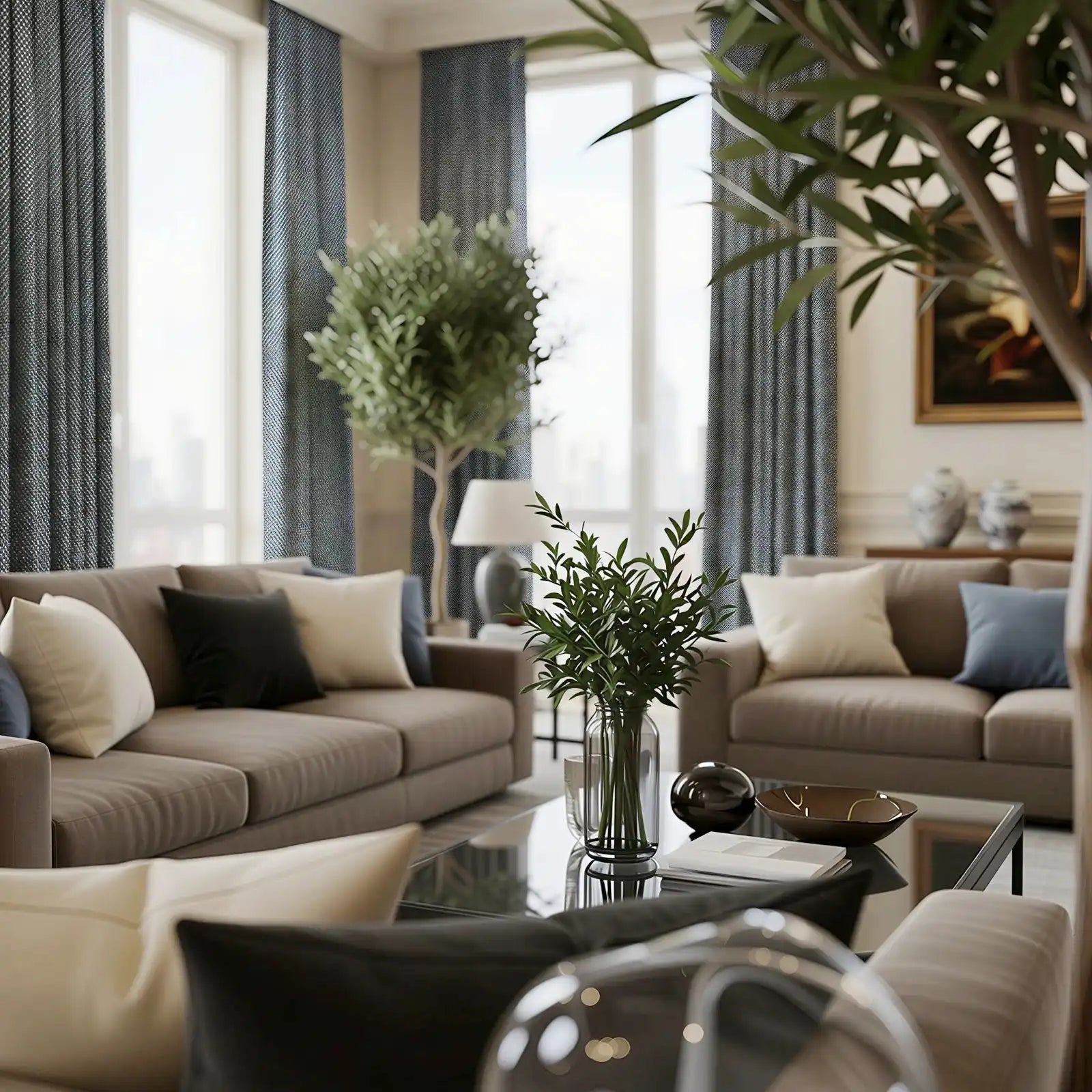 A medium-shot interior view of the living room captured from behind a foreground tree branch. The camera focuses on a sleek glass coffee table holding a vibrant green plant arrangement, surrounded by comfortable taupe sofas styled with blue, black, and cream pillows, while the textured dark gray curtains gracefully frame the windows in the background.