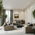A comprehensive wide-angle view of the sophisticated living space showcasing its layout. To the right, a wooden credenza sits beneath a classic landscape painting near an open doorway. On the left, tall dark gray curtains line the expansive windows, while modern taupe seating options surround a central black coffee table.