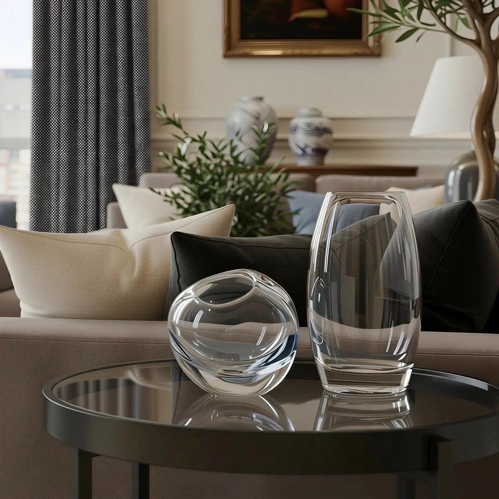 A close-up interior vignette focusing on a modern black round side table with a glass top, which displays two clear glass decorative vases?aone spherical and one tall cylindrical. In the softly blurred background, a taupe sofa with cream cushions rests next to the distinct texture of the dark gray curtain panel.